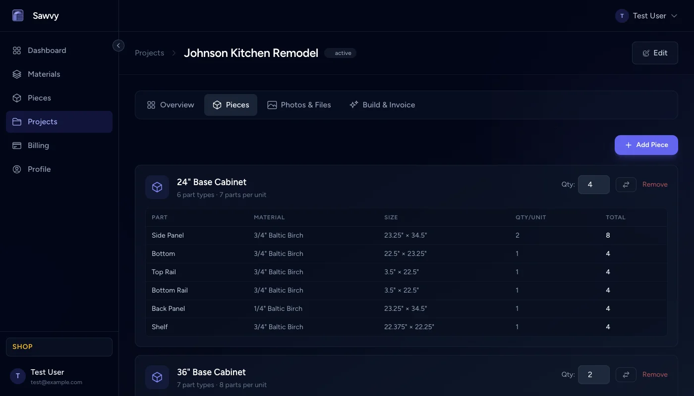 Project overview with multiple cabinet pieces and materials