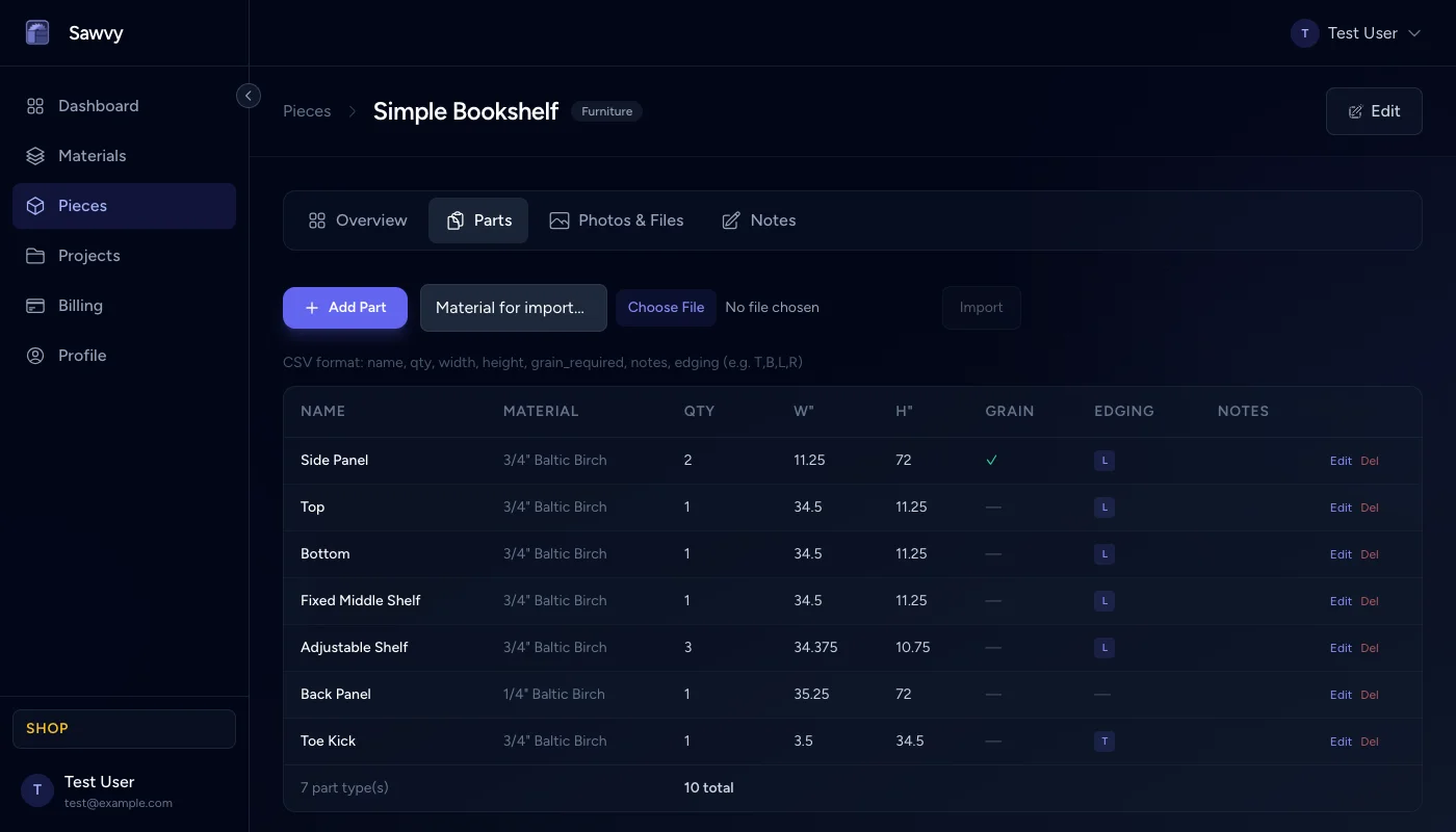 Piece editor with closet shelving parts and dimensions