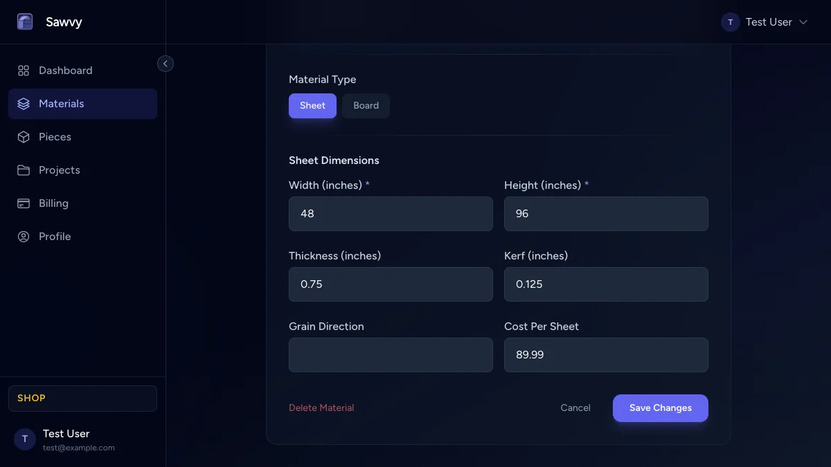 Kerf settings per material matching CNC bit diameter