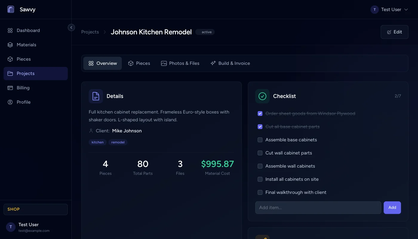 Project overview page showing estimated material cost summary