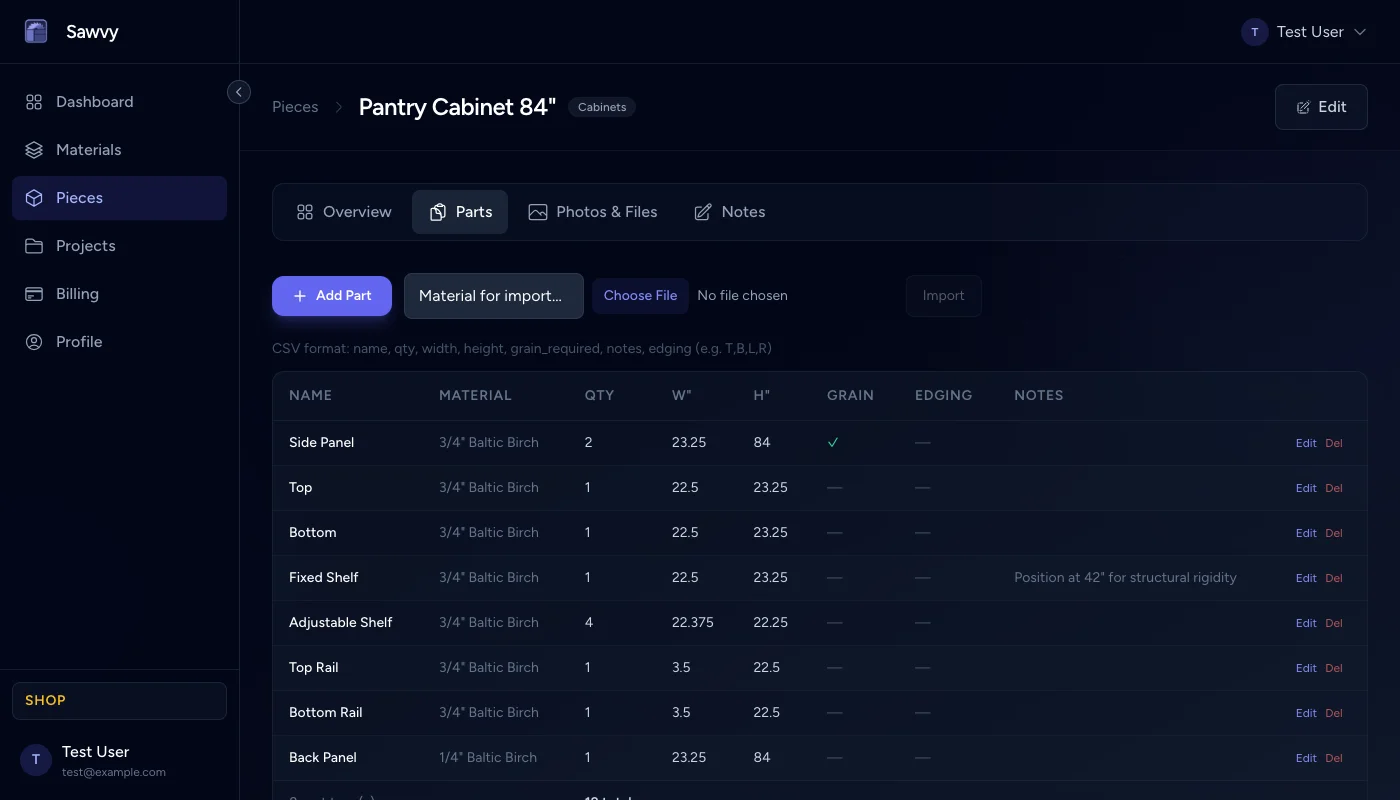 Piece editor with a filled-out parts table and material assignments
