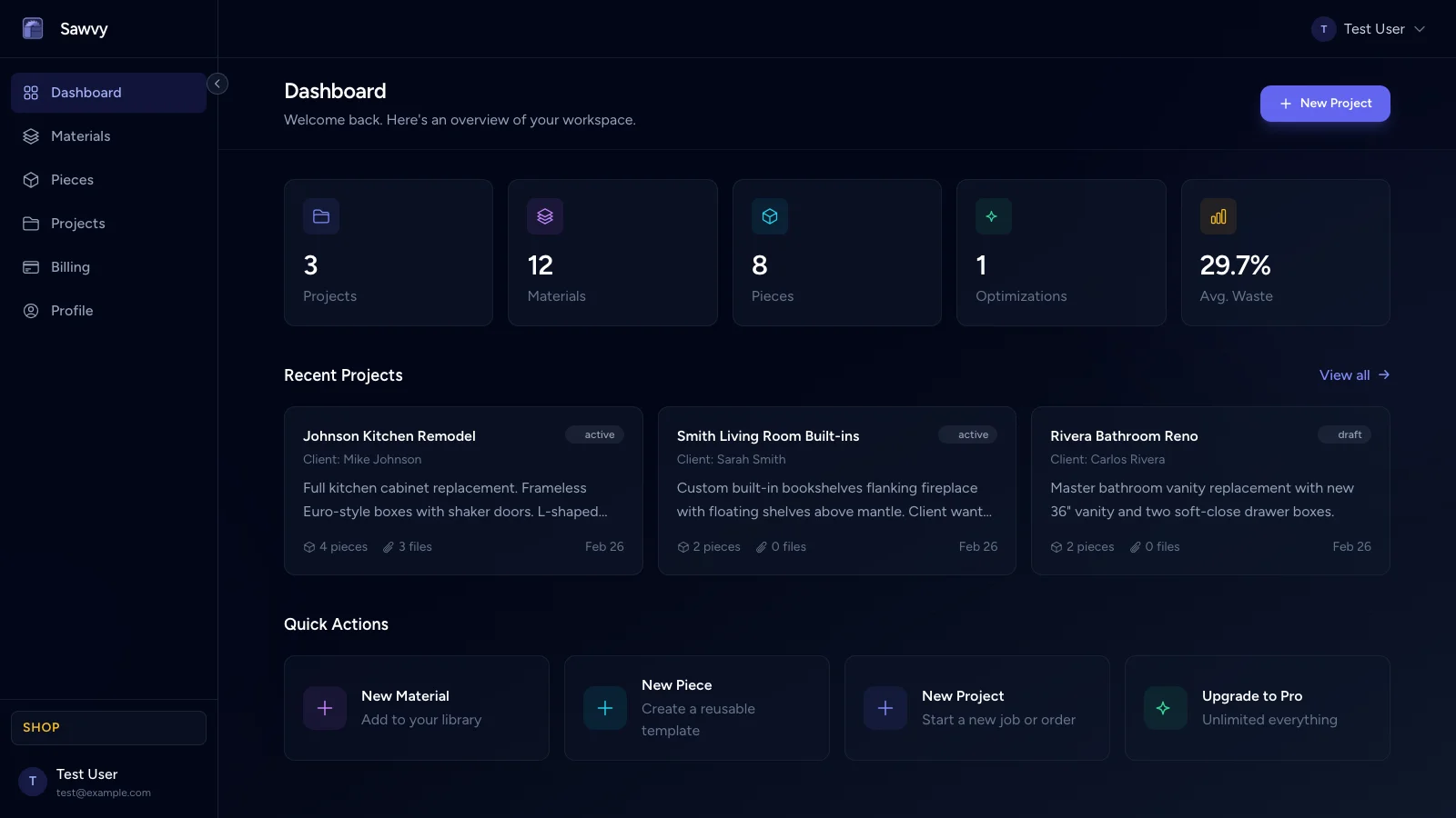 Sawvy app dashboard showing projects and optimized cut sheets