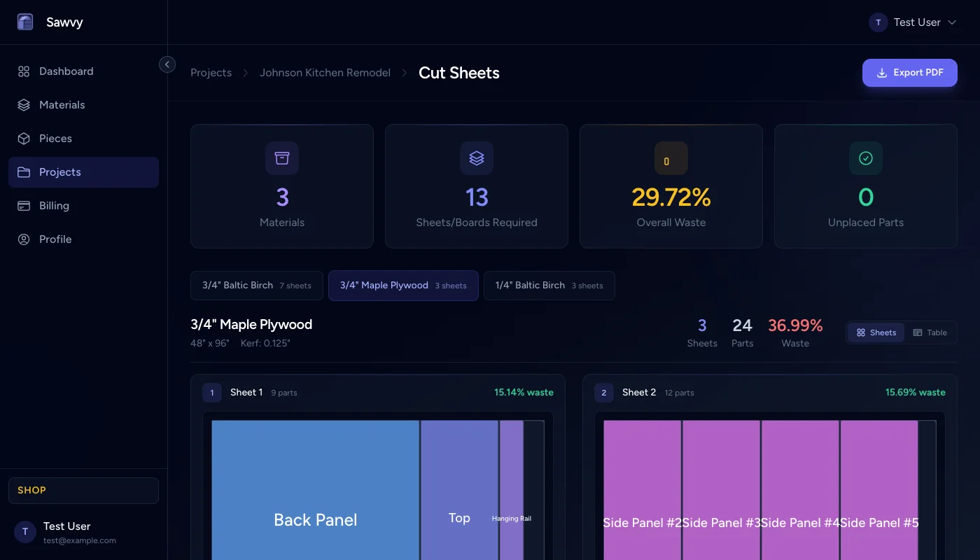 Optimizer result with grain-matched veneer panels on sheets