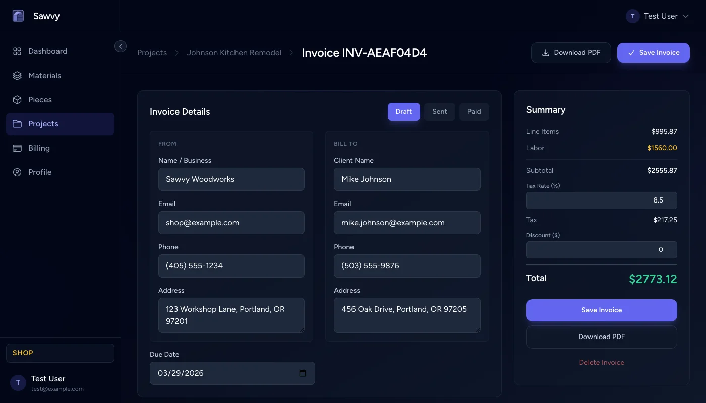 Invoice editor with material line items, labor, and totals