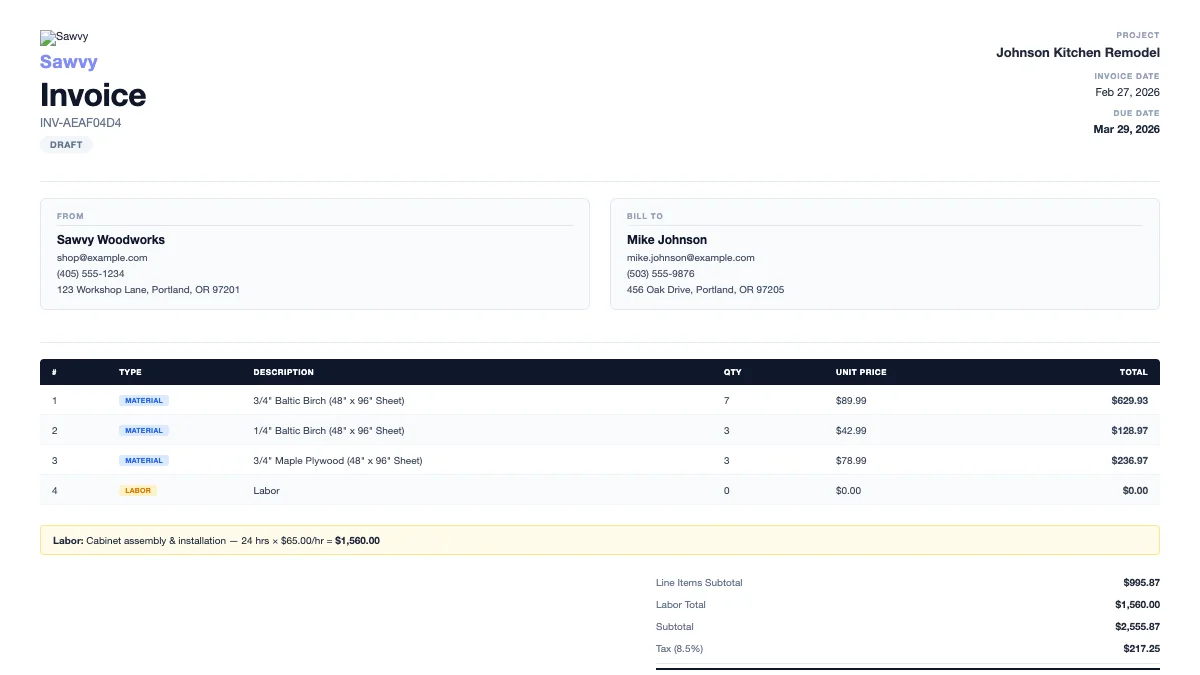 Exported invoice PDF preview ready for client