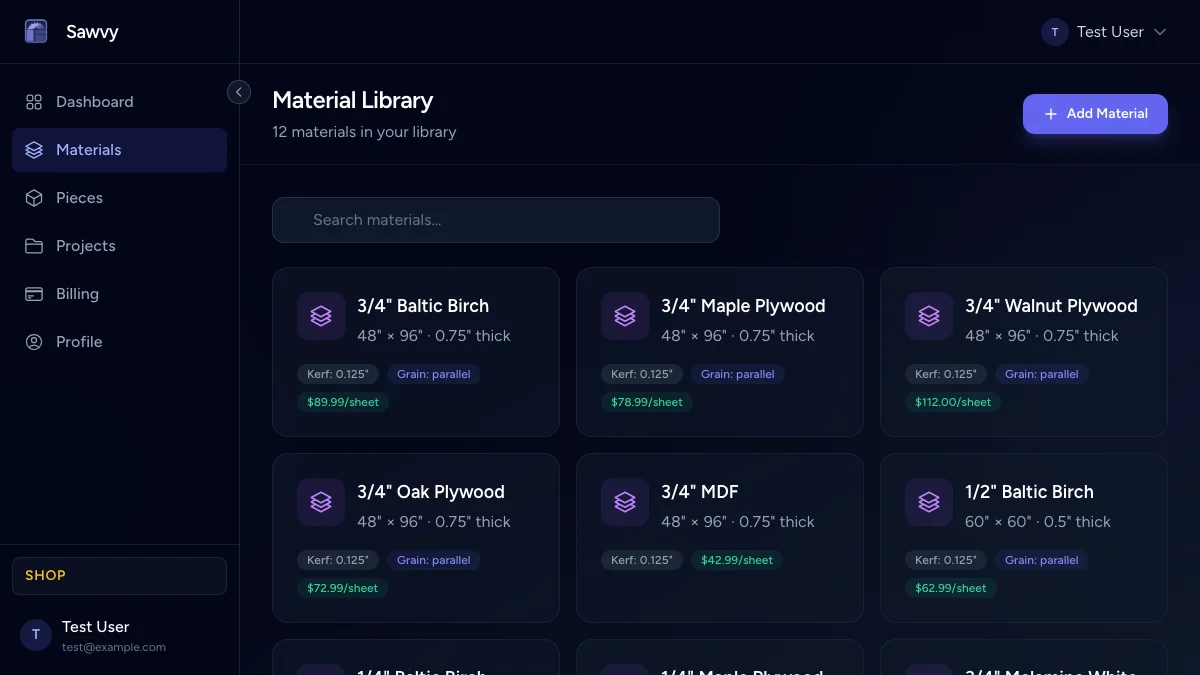 Material library showing multiple wood species and costs
