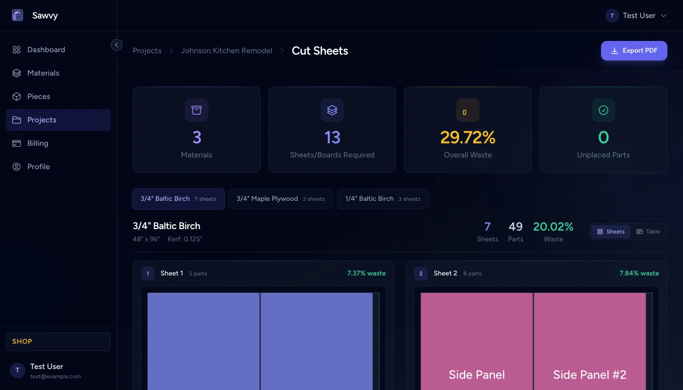 Zoomed single sheet showing kerf gaps and grain direction arrows