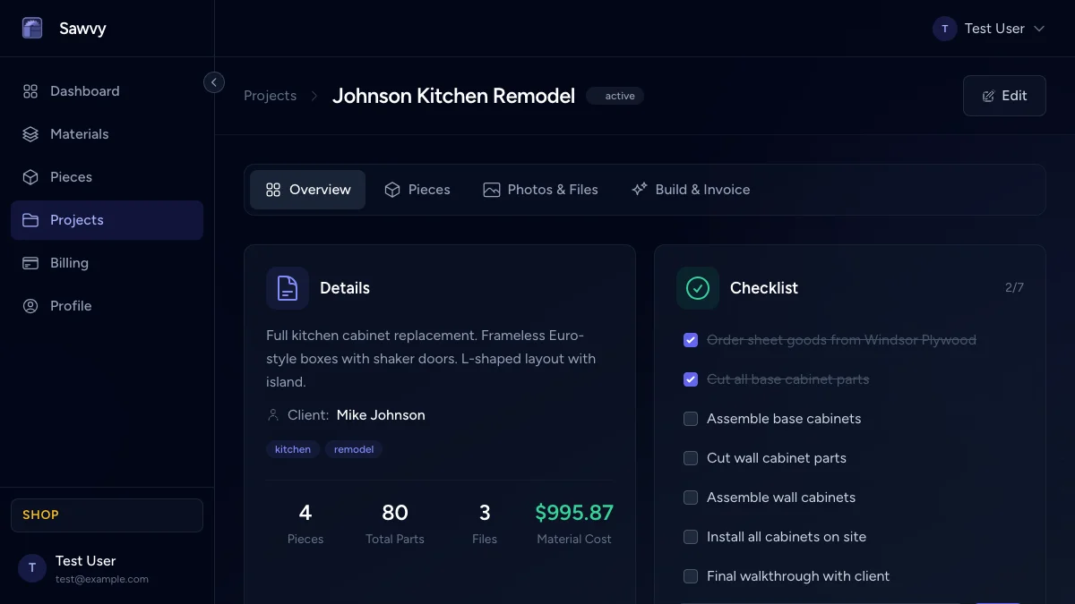 Single project overview with photos, notes, and checklists
