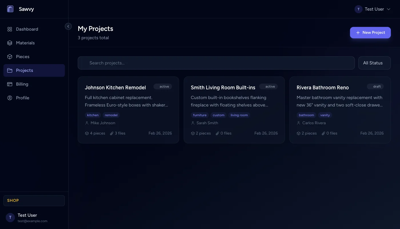 Project list dashboard with status filters and multiple projects
